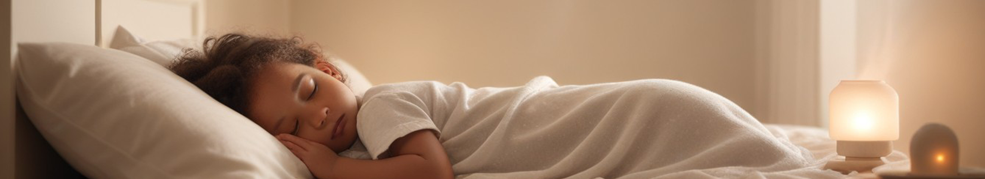 A peaceful bedroom with a sleeping child, a diffuser emitting calming mist, and soft ambient lighting promoting restful sleep.